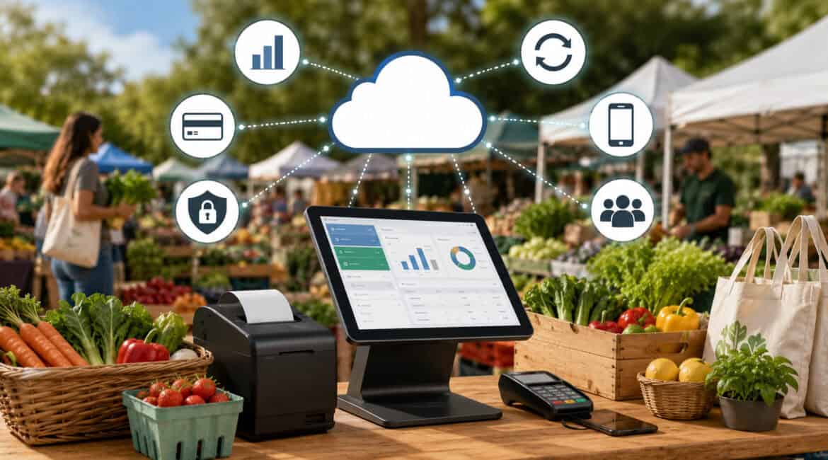 Cloud-based POS system setup at a busy farmers market with tablet checkout, fresh produce, mobile payment devices, and connected business management icons