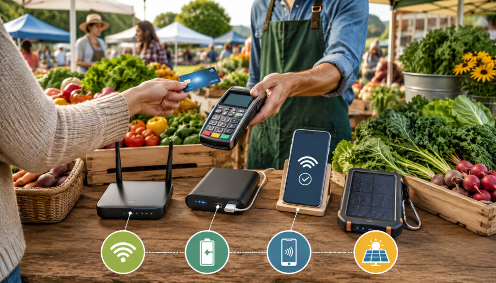 Farmers market payment backup setup with mobile POS and portable power