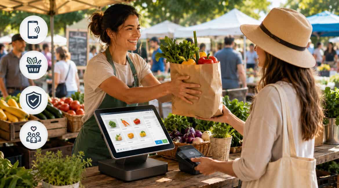 Farmers market vendor using a modern POS system for fast customer checkout