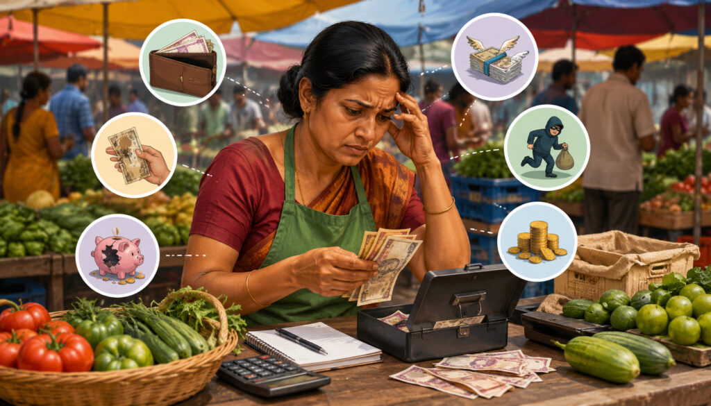 Market vendor struggling with cash handling issues at a busy outdoor market, counting paper money with icons representing theft, cash loss, damaged bills, and accounting problems