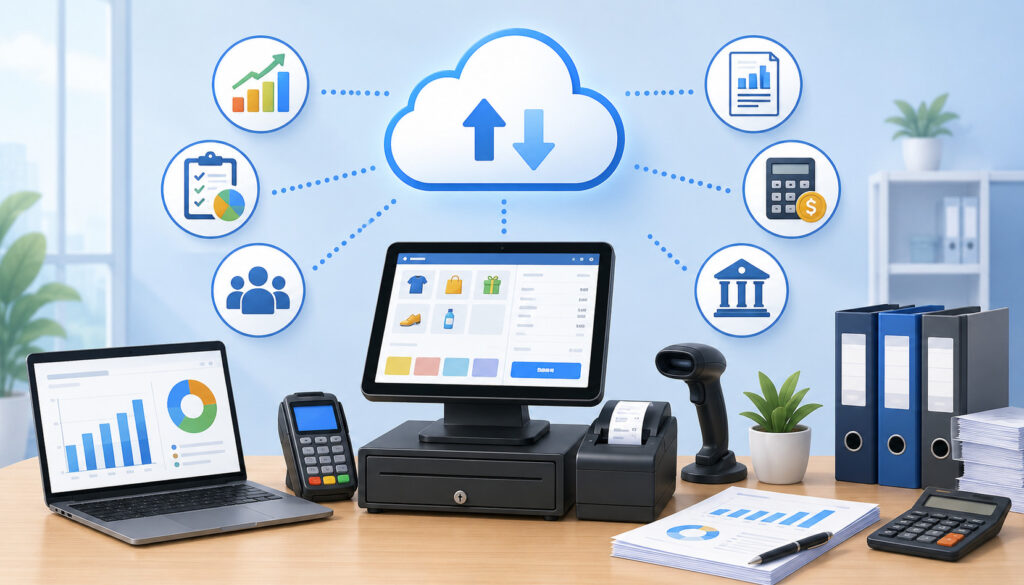 Cloud POS system with digital sales reporting, bookkeeping analytics dashboard, payment terminal, and cloud-based business accounting tools illustration