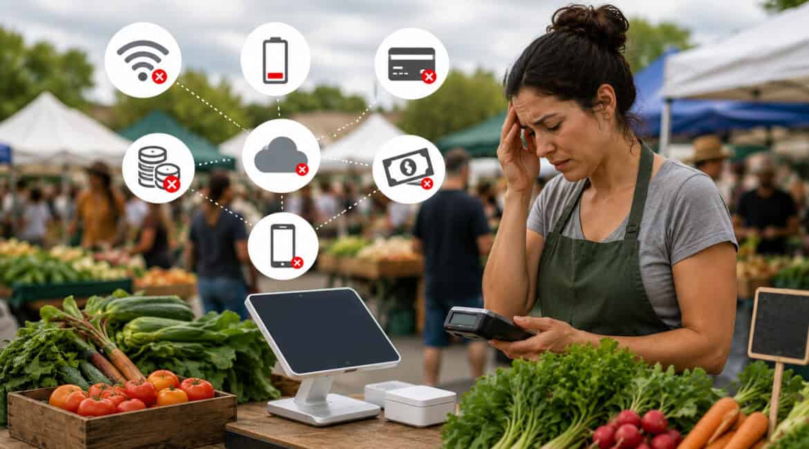 Farmers market vendor facing payment processing issues with a mobile POS system, featuring connectivity, card decline, battery, and cash flow problem icons in the background