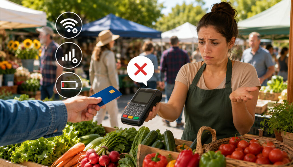 Illustration of vendors at a busy farmers market facing credit card payment processing issues, with portable card readers, declined transactions, weak connectivity signals, and digital payment icons in the background