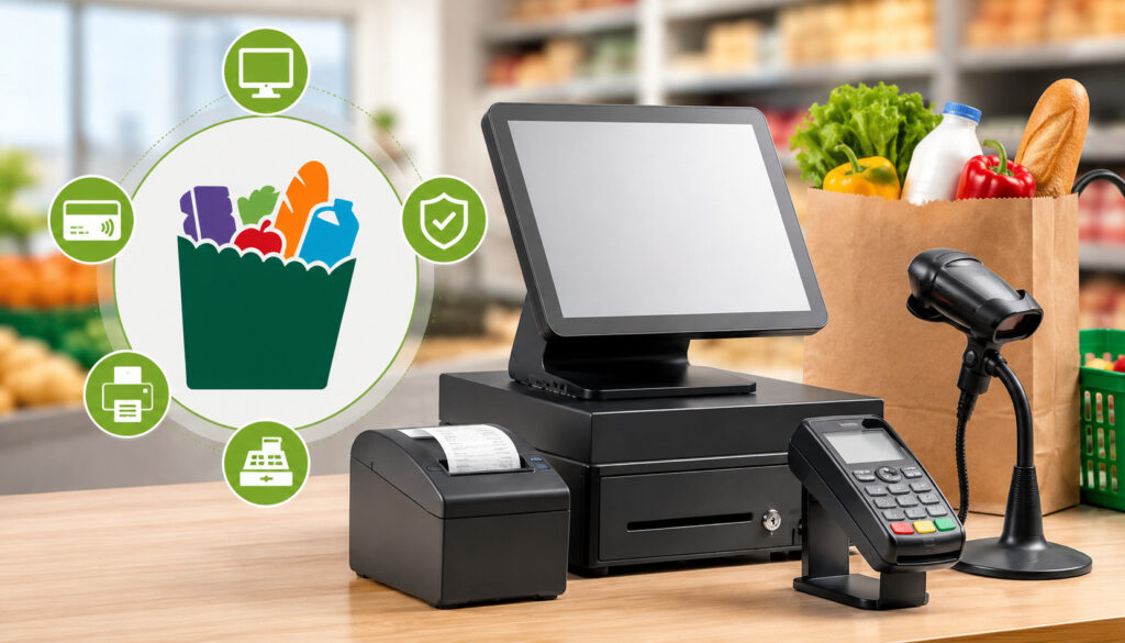 SNAP benefits payment equipment at grocery checkout counter.