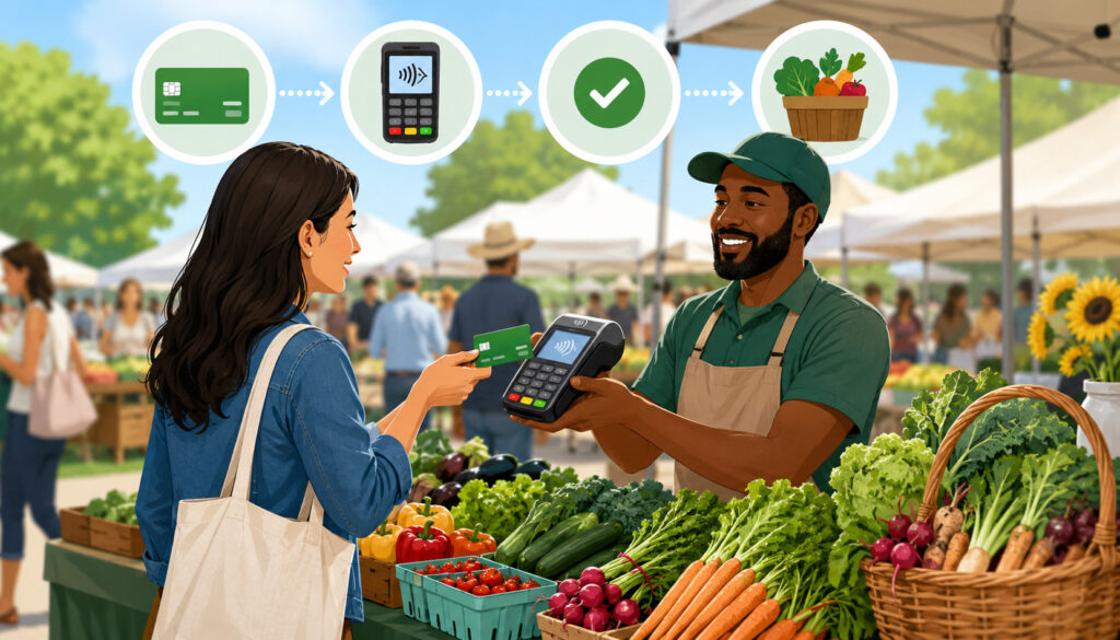 Farmers market SNAP payment processing illustration