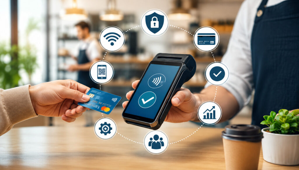 Illustration of a mobile POS system processing secure digital payments in a retail environment with contactless card payments, smartphone checkout, analytics dashboard icons, and seamless business transactions in the background