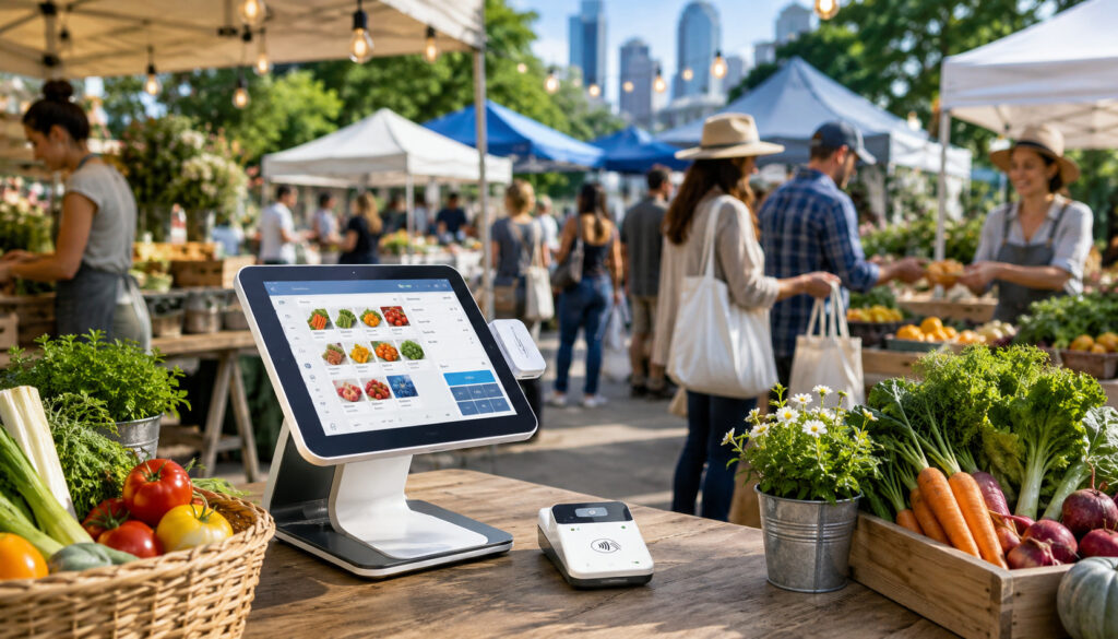 Mobile cloud POS system at a busy outdoor farmers market with contactless payment terminal, fresh produce stands, and shoppers at a pop-up event