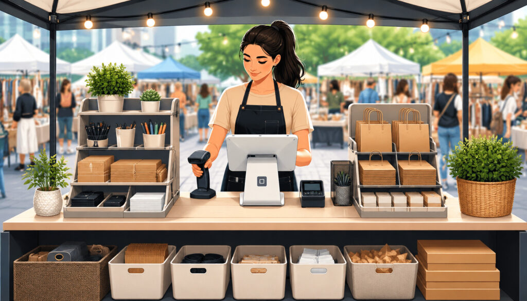 Organized market booth with fast POS checkout setup