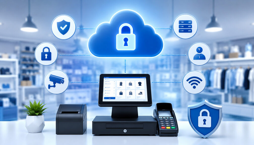 Cloud-based POS system with cybersecurity icons, encrypted payment processing, secure data storage, and connected retail technology interface