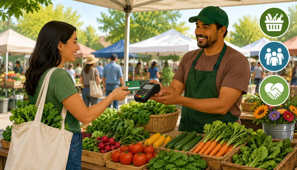 Farmers market vendor accepting SNAP EBT payment outdoors
