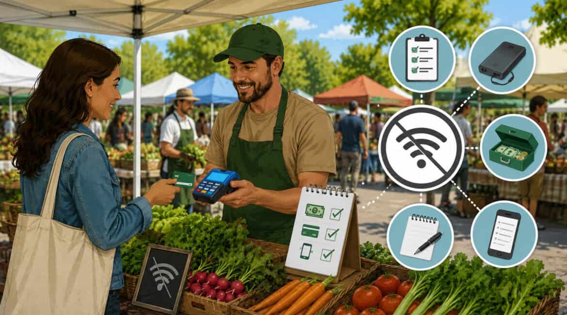 Farmers market vendor using offline payment solutions during internet outage