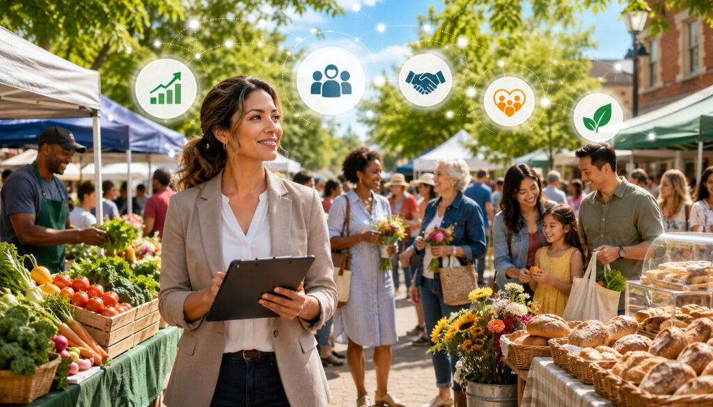 Market manager overseeing a thriving community farmers market