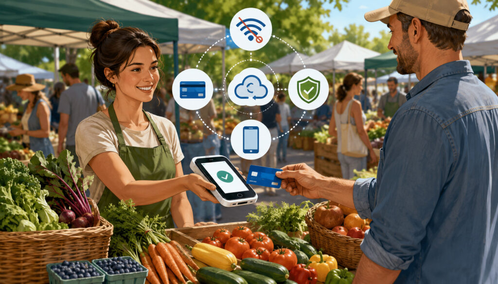 Farmers market vendor processing an offline credit card payment