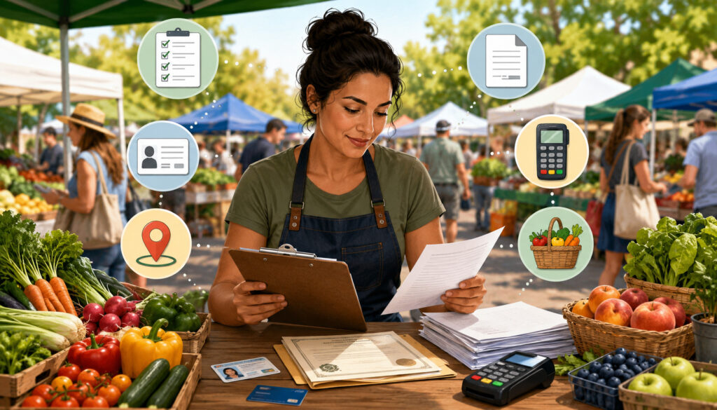 Farmers market vendor preparing a SNAP application