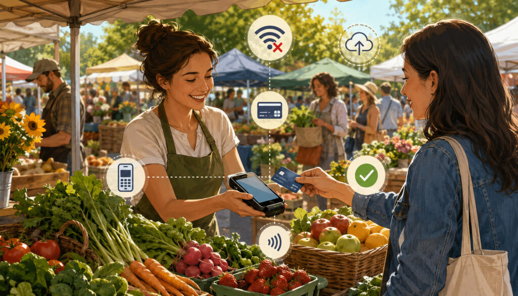 Farmers market vendor accepting an offline card payment